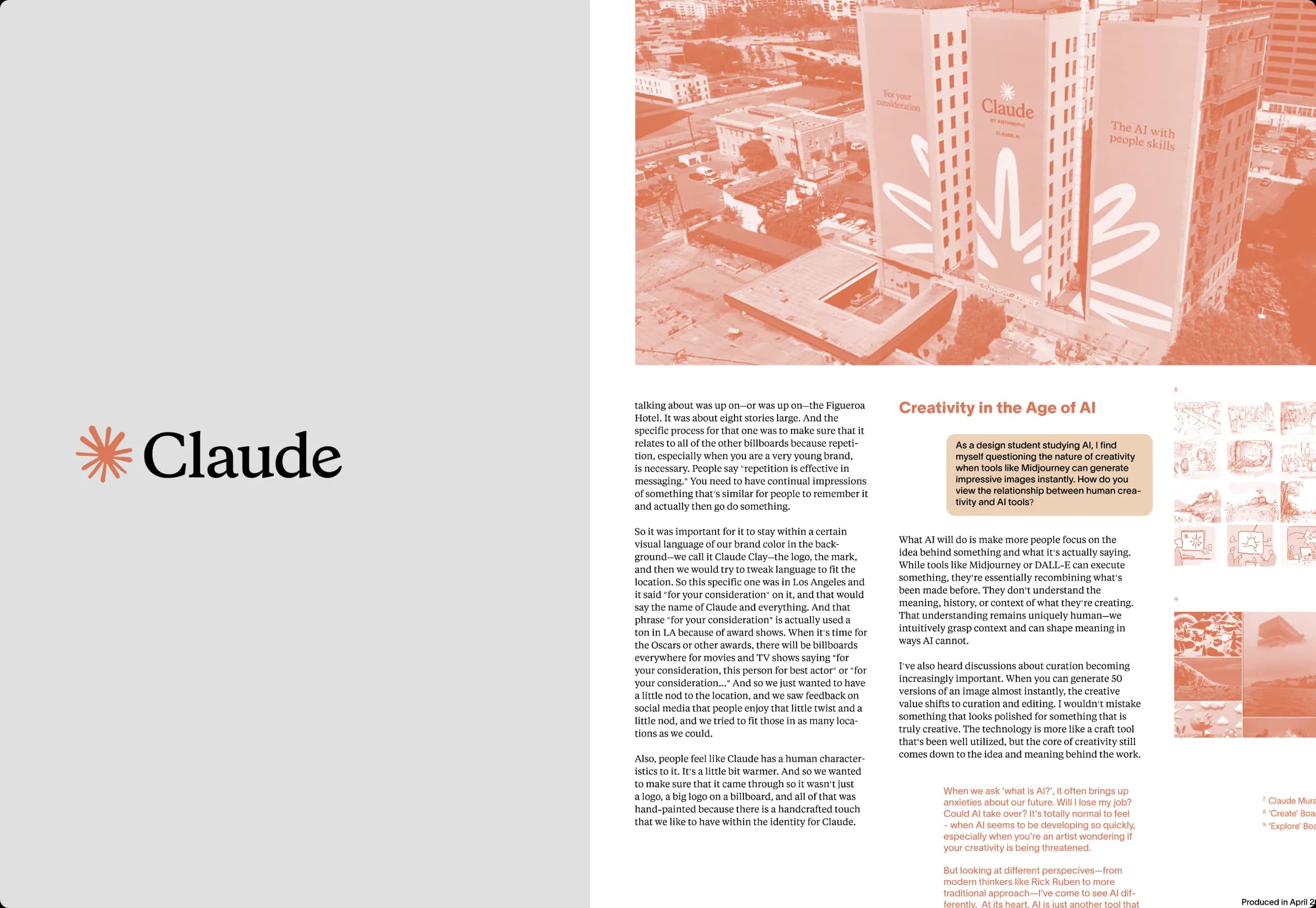 Claude brand spread with the wordmark on the left and billboard photos plus ‘Creativity in the Age of AI’ on the right.
