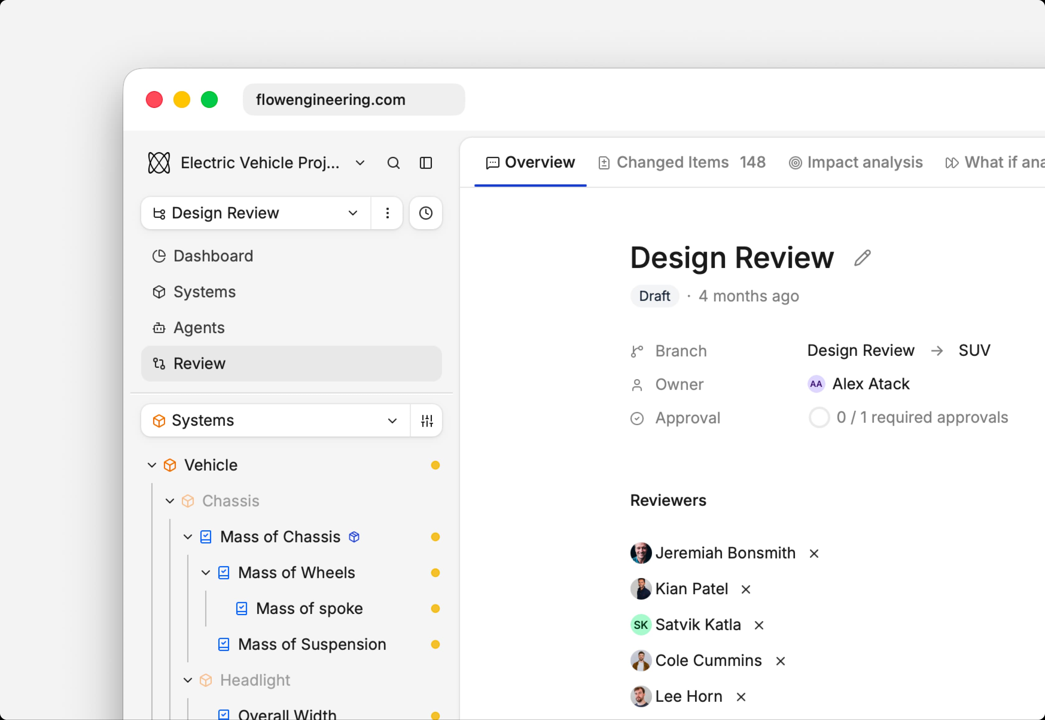 Flow design review interface showing the systems tree, branch details, approval status, and reviewers.