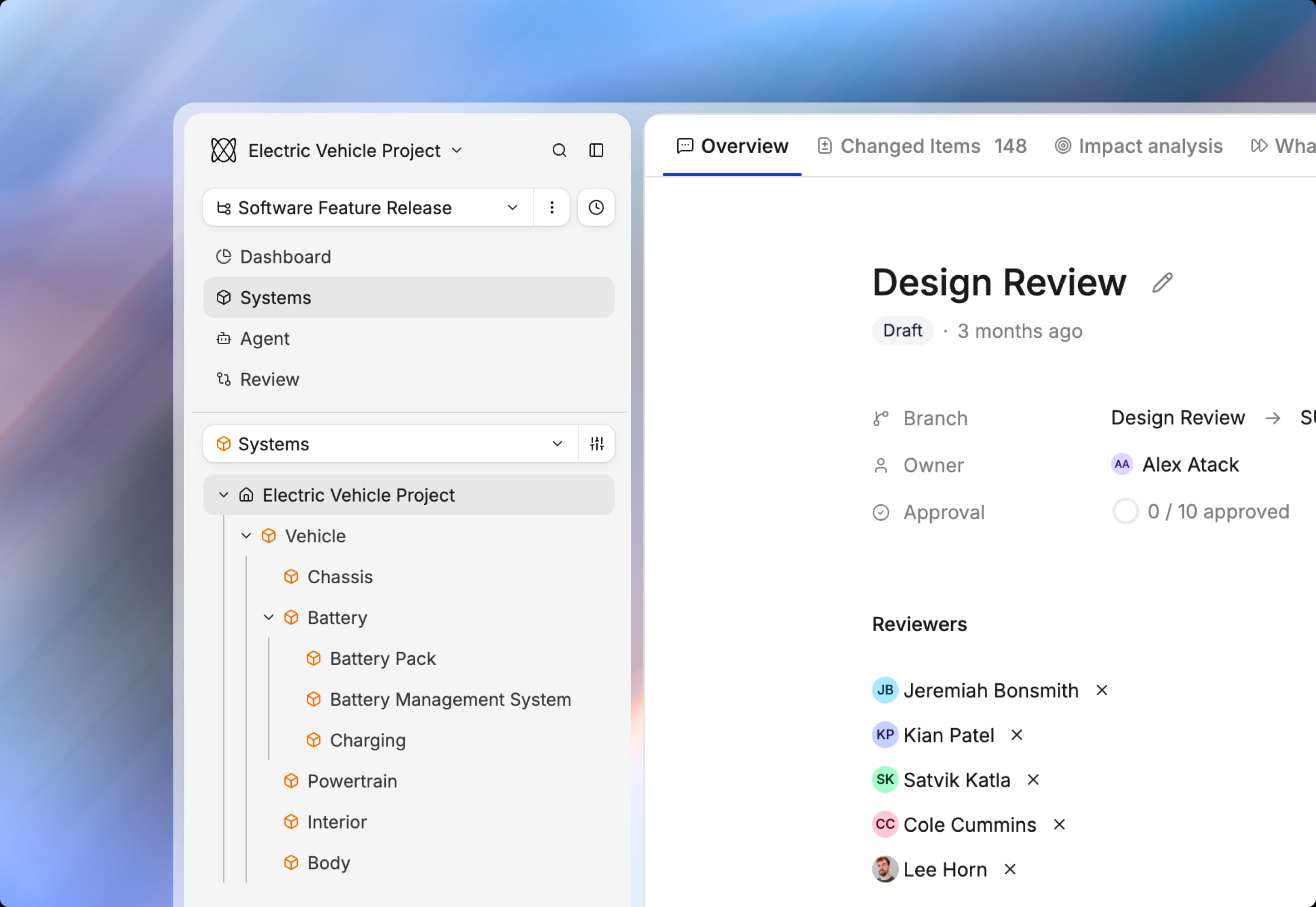 Flow design review interface showing branch details, approval status, and reviewers.
