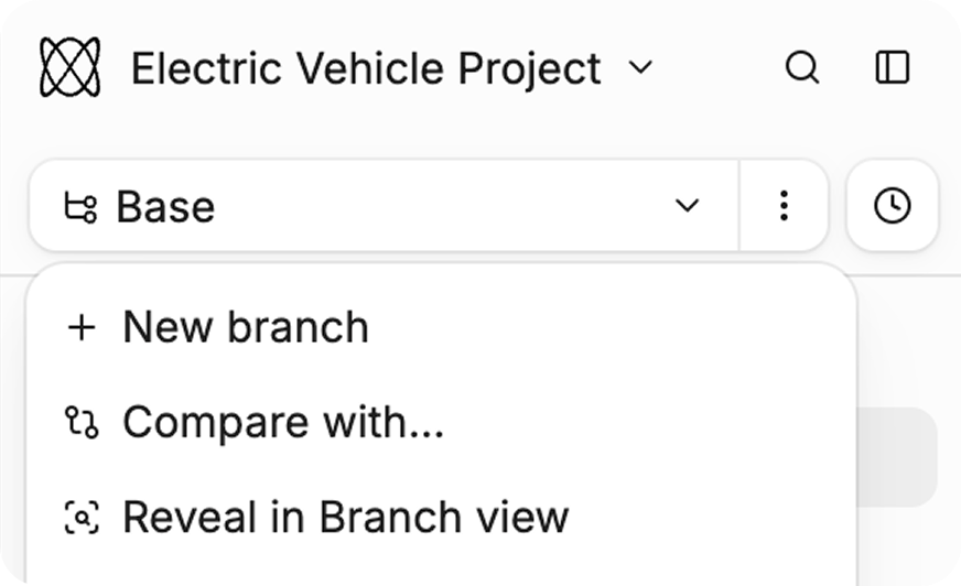 Base branch menu with New branch and other branch actions.
